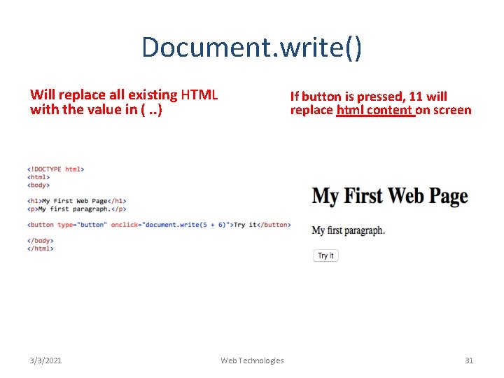 Document. write() Will replace all existing HTML with the value in (. . )