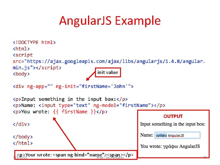 Angular. JS Example init value OUTPUT <p>Your wrote: <span ng-bind="name"><span></p> Web Technologies 3/3/2021 48