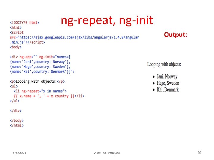 ng-repeat, ng-init Output: Code: 3/3/2021 Web Technologies 49 
