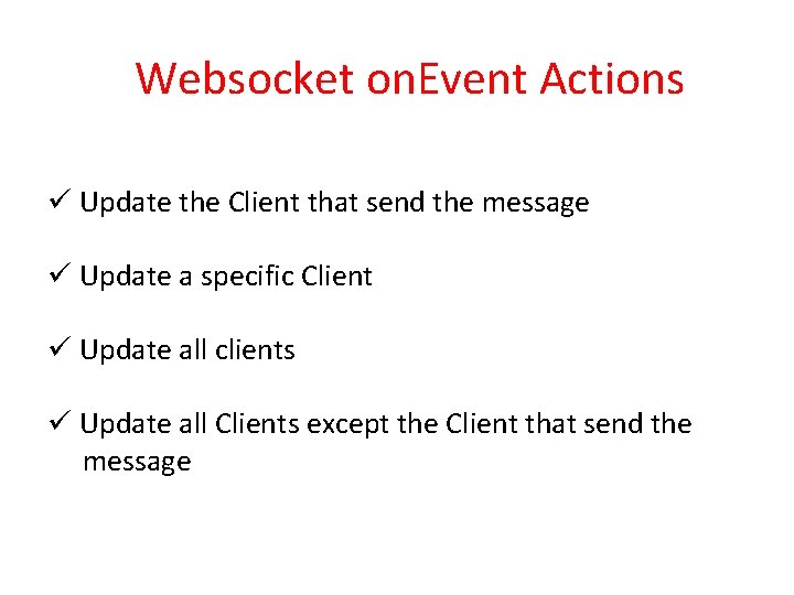 Websocket on. Event Actions ü Update the Client that send the message ü Update