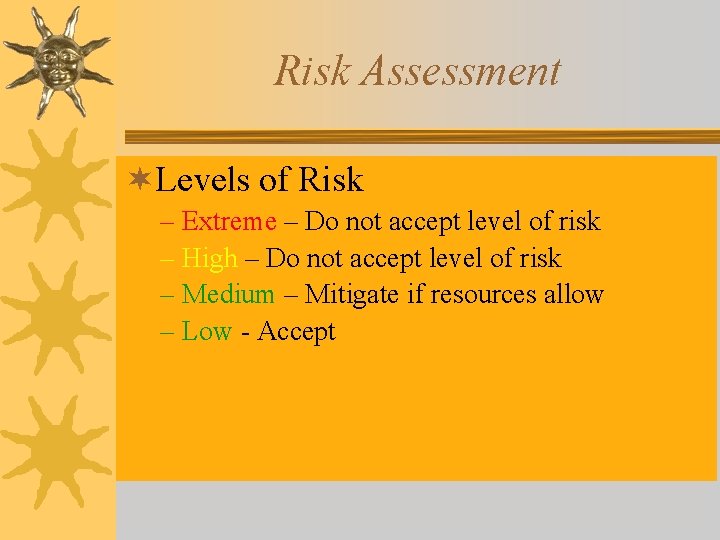 Risk Assessment ¬Levels of Risk – Extreme – Do not accept level of risk