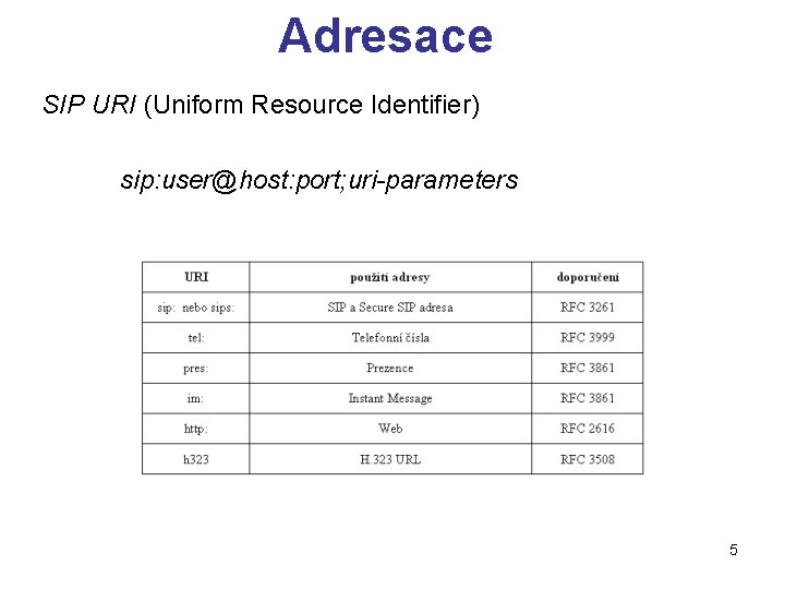 Adresace SIP URI (Uniform Resource Identifier) sip: user@host: port; uri-parameters 5 