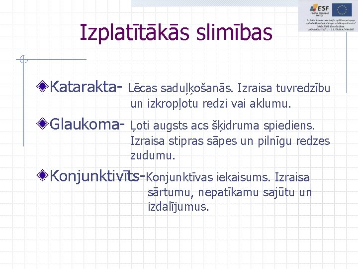Izplatītākās slimības Katarakta- Lēcas saduļķošanās. Izraisa tuvredzību un izkropļotu redzi vai aklumu. Glaukoma- Ļoti Izplatītākās slimības Katarakta- Lēcas saduļķošanās. Izraisa tuvredzību un izkropļotu redzi vai aklumu. Glaukoma- Ļoti