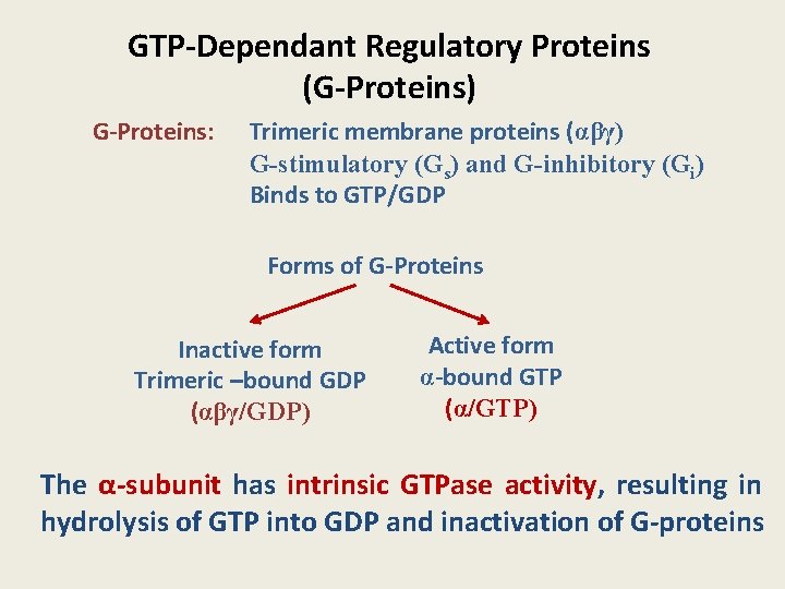 GTP-Dependant Regulatory Proteins (G-Proteins) G-Proteins: Trimeric membrane proteins (αβγ) G-stimulatory (Gs) and G-inhibitory (Gi)