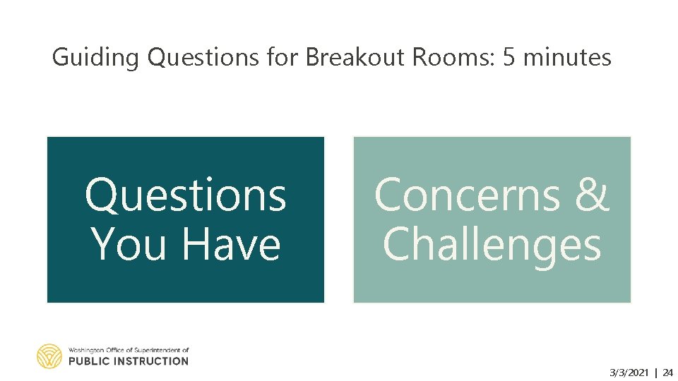 Guiding Questions for Breakout Rooms: 5 minutes Questions You Have Concerns & Challenges 3/3/2021