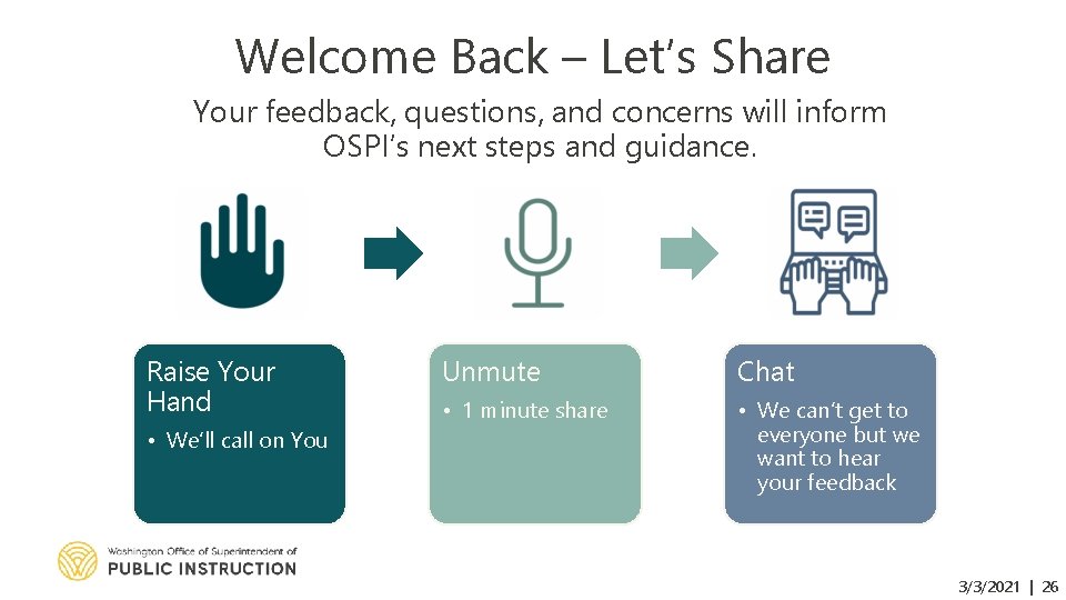 Welcome Back – Let’s Share Your feedback, questions, and concerns will inform OSPI’s next