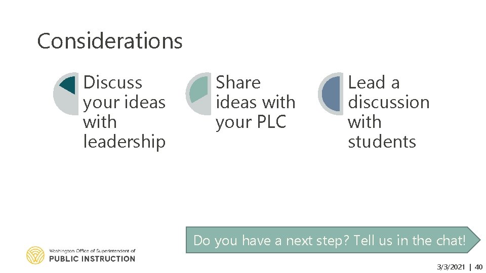 Considerations Discuss your ideas with leadership Share ideas with your PLC Lead a discussion