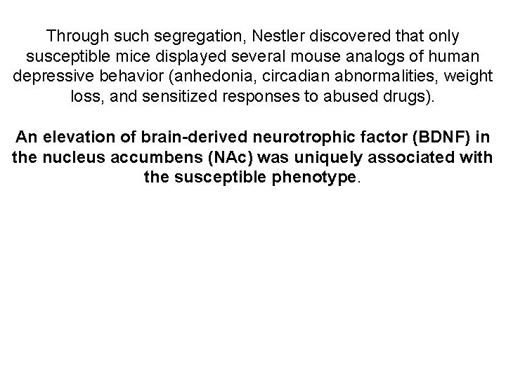 Through such segregation, Nestler discovered that only susceptible mice displayed several mouse analogs of