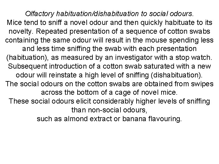 Olfactory habituation/dishabituation to social odours. Mice tend to sniff a novel odour and then