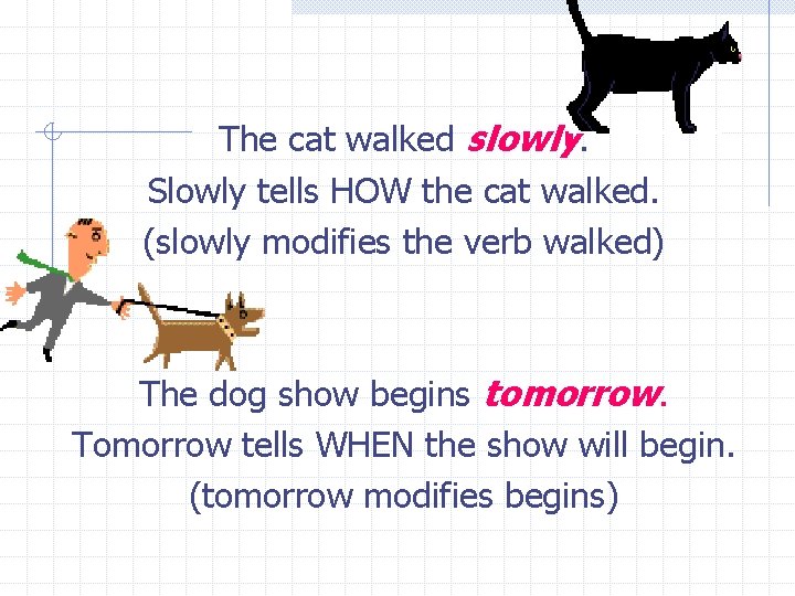 The cat walked slowly. Slowly tells HOW the cat walked. (slowly modifies the verb
