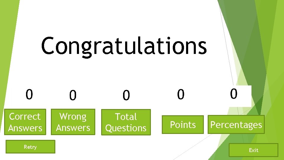 Congratulations Correct Answers Retry Wrong Answers Total Questions Points Percentages Exit 
