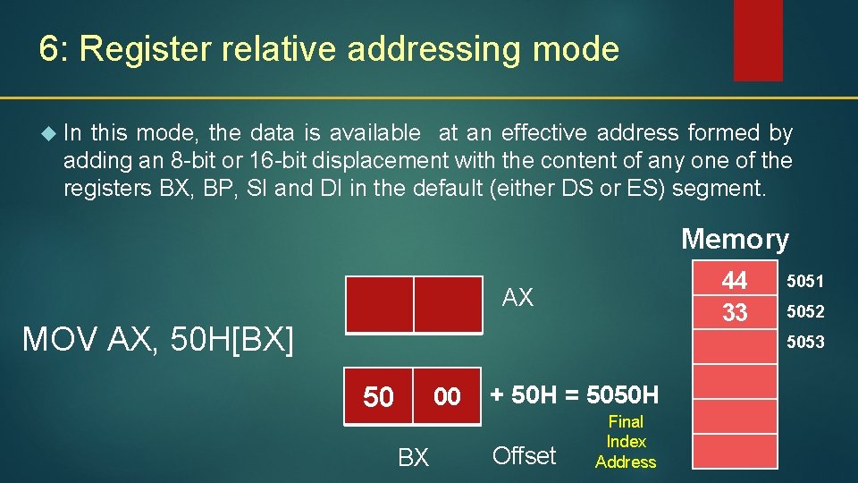 6: Register relative addressing mode In this mode, the data is available at an