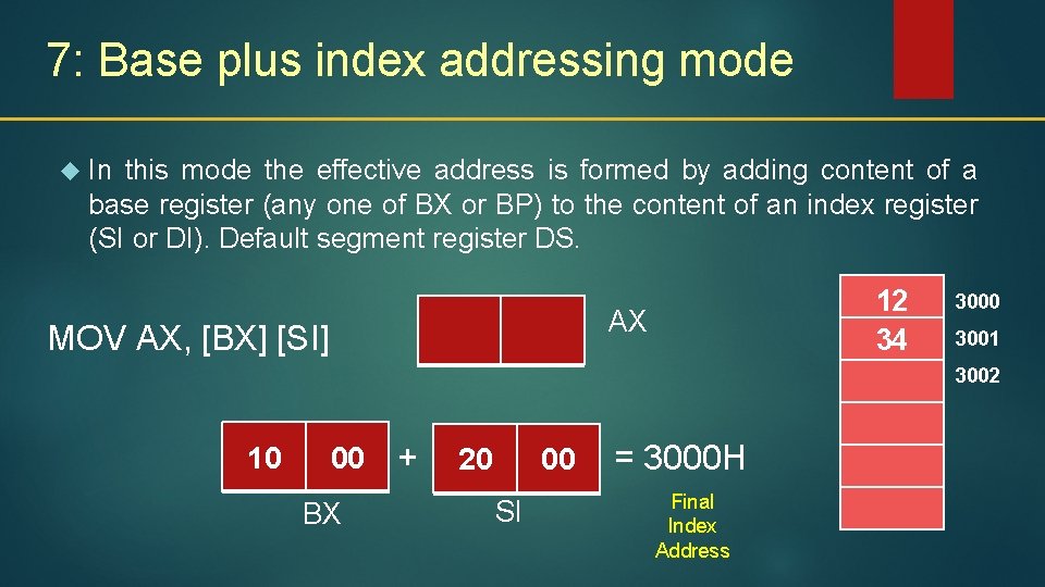 7: Base plus index addressing mode In this mode the effective address is formed