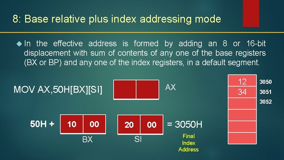 8: Base relative plus index addressing mode In the effective address is formed by