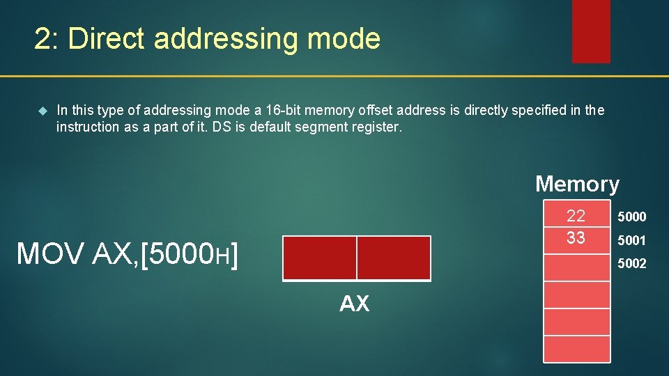 2: Direct addressing mode In this type of addressing mode a 16 -bit memory