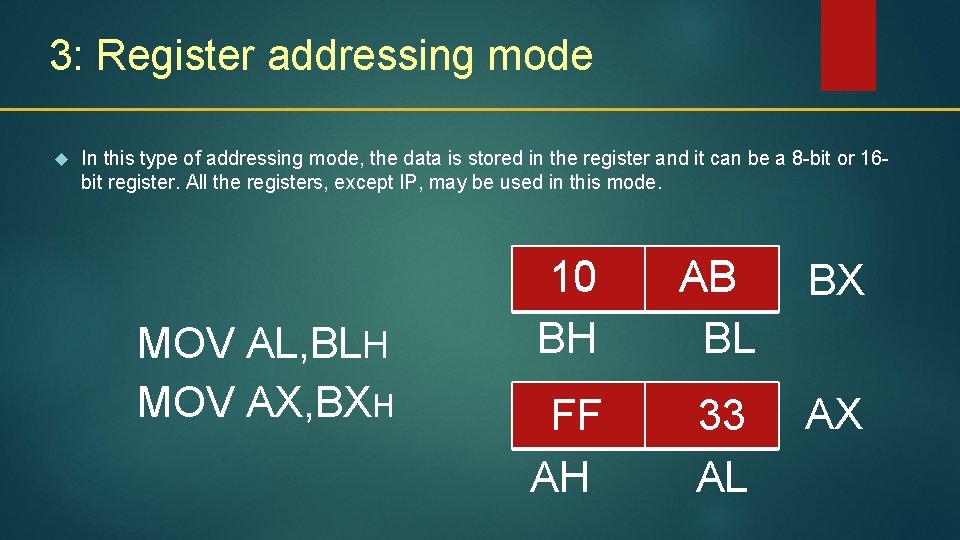 3: Register addressing mode In this type of addressing mode, the data is stored