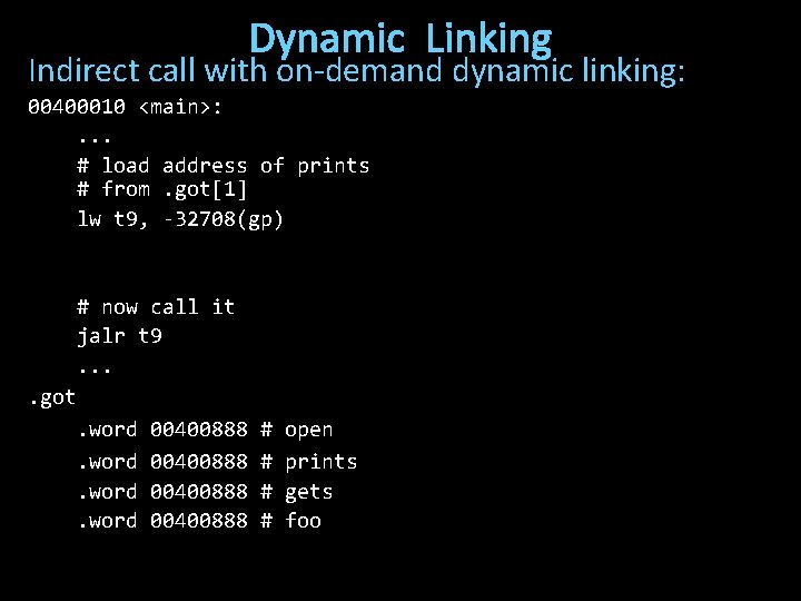 Dynamic Linking Indirect call with on-demand dynamic linking: 00400010 <main>: . . . #