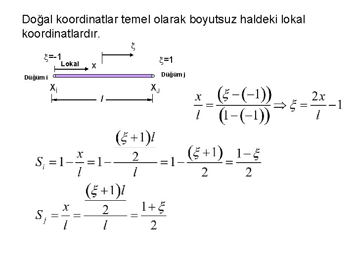 Doğal koordinatlar temel olarak boyutsuz haldeki lokal koordinatlardır. =-1 Lokal =1 x Düğüm j