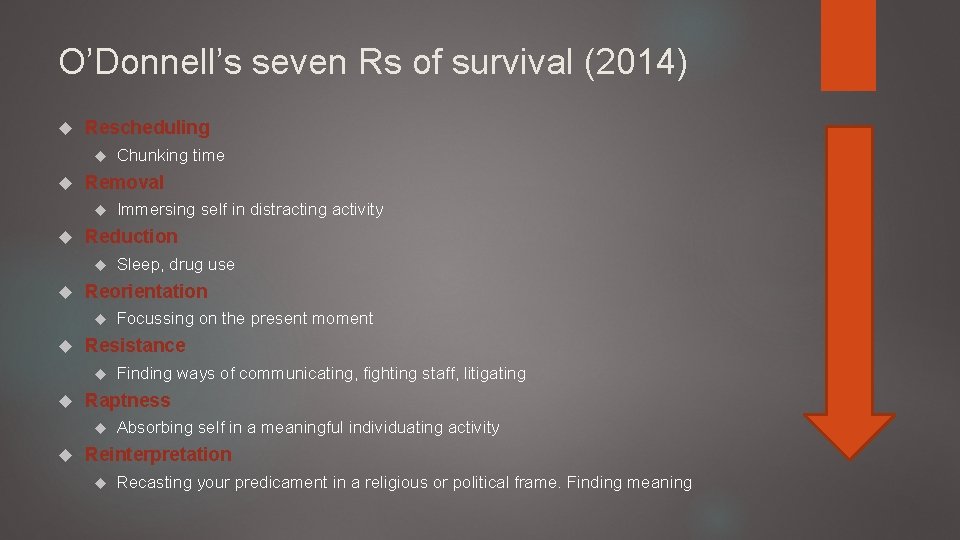 O’Donnell’s seven Rs of survival (2014) Rescheduling Removal Finding ways of communicating, fighting staff,
