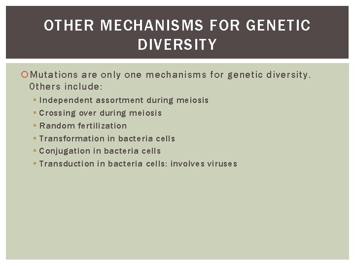 OTHER MECHANISMS FOR GENETIC DIVERSITY Mutations are only one mechanisms for genetic diversity. Others