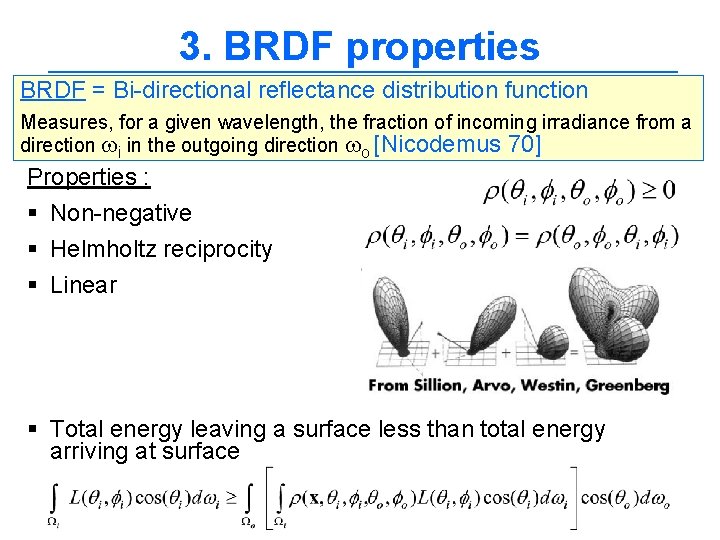 3. BRDF properties BRDF = Bi-directional reflectance distribution function Measures, for a given wavelength,