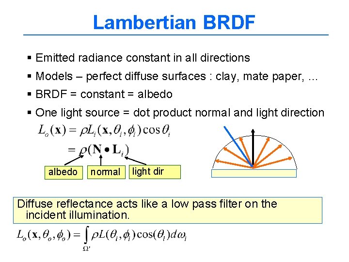Lambertian BRDF § Emitted radiance constant in all directions § Models – perfect diffuse