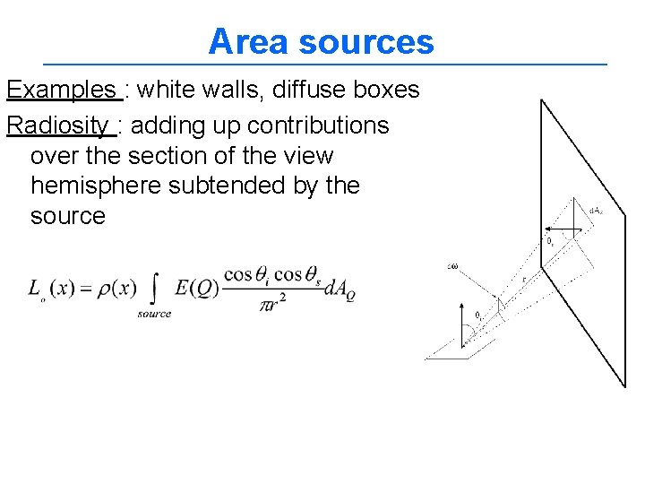 Area sources Examples : white walls, diffuse boxes Radiosity : adding up contributions over