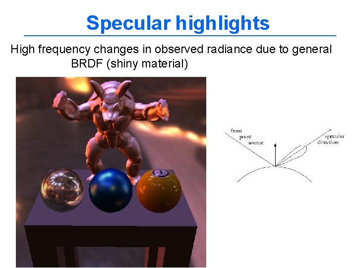 Specular highlights High frequency changes in observed radiance due to general BRDF (shiny material)