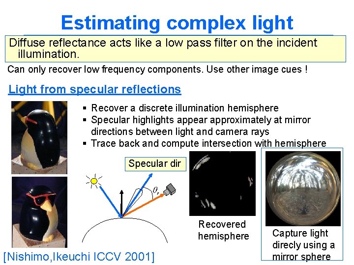 Estimating complex light Diffuse reflectance acts like a low pass filter on the incident