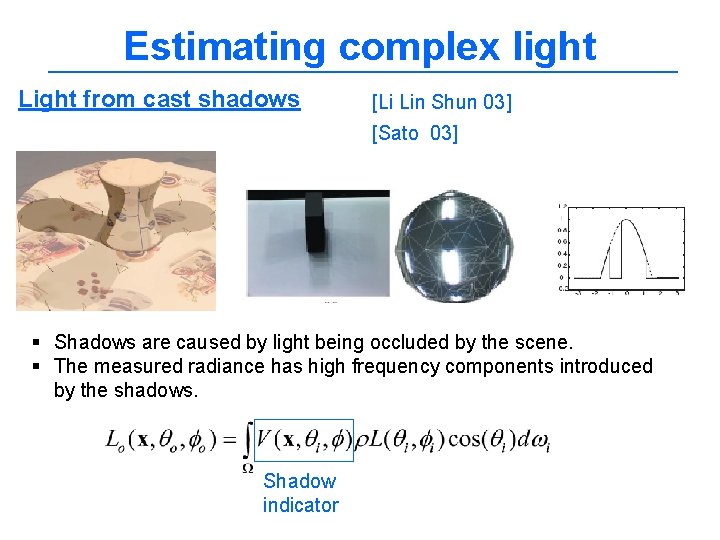 Estimating complex light Light from cast shadows [Li Lin Shun 03] [Sato 03] §