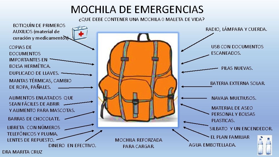 MOCHILA DE EMERGENCIAS BOTIQUÍN DE PRIMEROS AUXILIOS (material de curación y medicamentos) ¿QUE DEBE