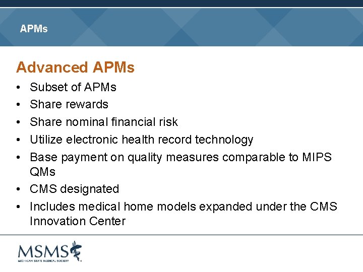 APMs Advanced APMs • • • Subset of APMs Share rewards Share nominal financial