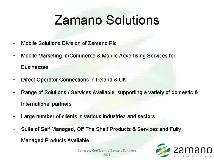 Zamano Solutions • Mobile Solutions Division of Zamano Plc • Mobile Marketing, m. Commerce