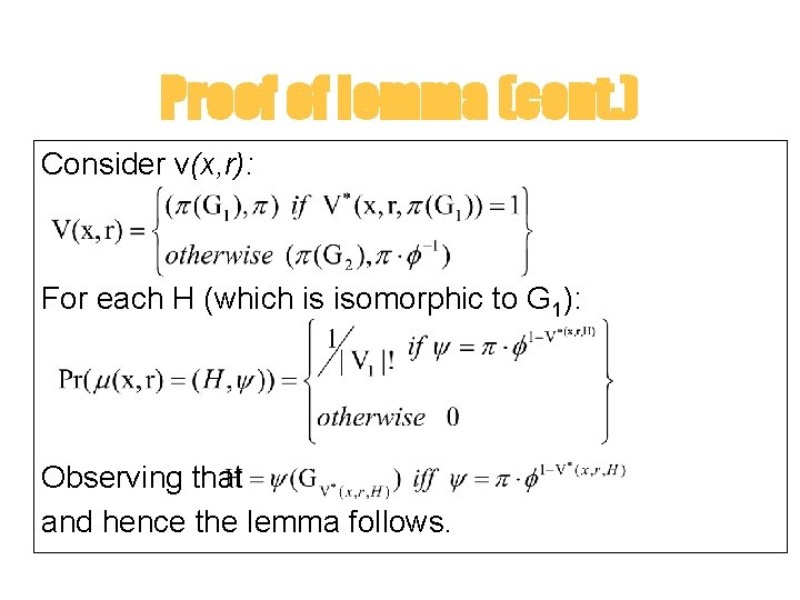 Proof of lemma (cont. ) Consider v(x, r): For each H (which is isomorphic