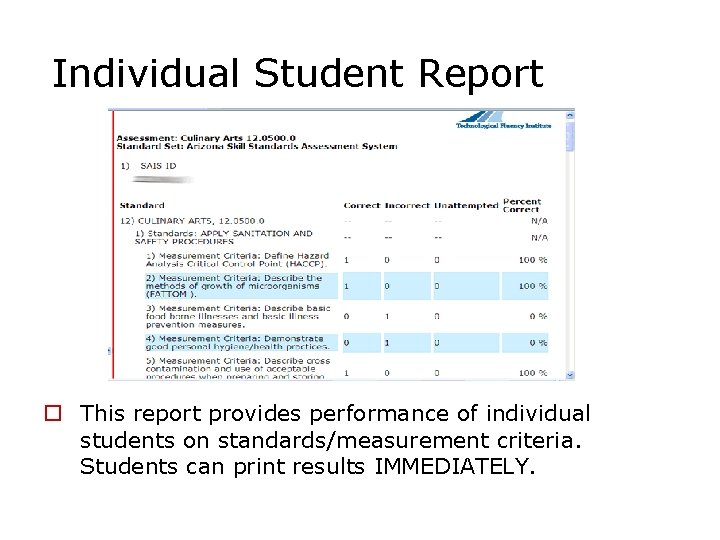 Individual Student Report o This report provides performance of individual students on standards/measurement criteria.