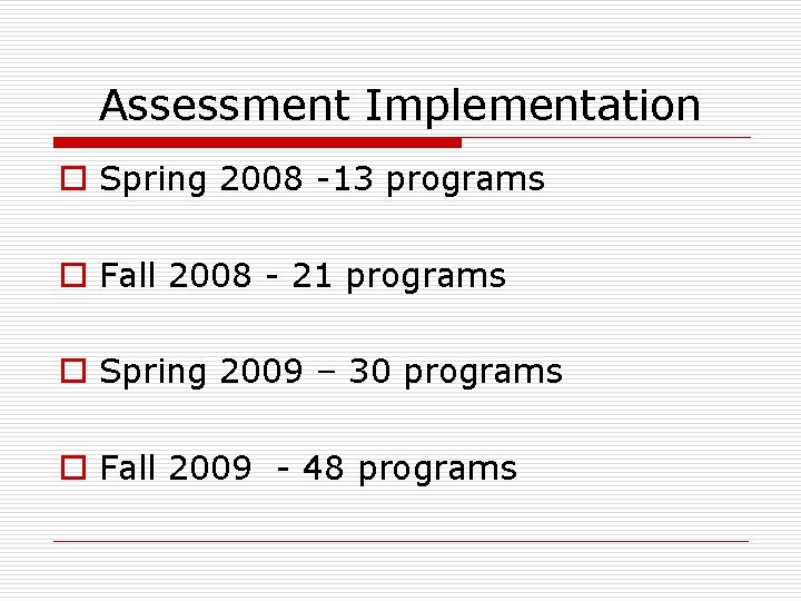 Assessment Implementation o Spring 2008 -13 programs o Fall 2008 - 21 programs o