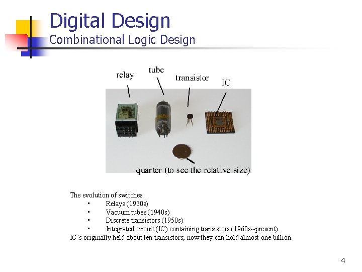 Digital Design Combinational Logic Design The evolution of switches: • Relays (1930 s) •