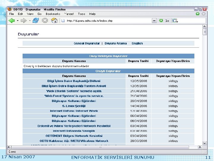 17 Nisan 2007 ENFORMATİK SERVİSLERİ SUNUMU 11 17 Nisan 2007 ENFORMATİK SERVİSLERİ SUNUMU 11