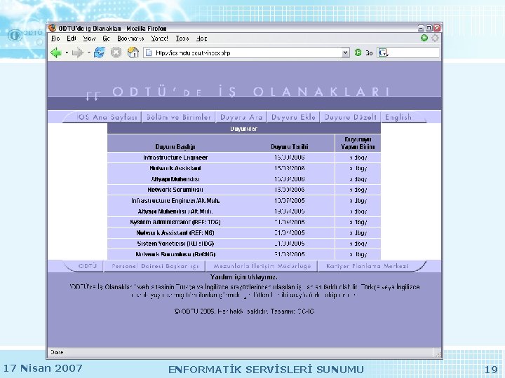 17 Nisan 2007 ENFORMATİK SERVİSLERİ SUNUMU 19 17 Nisan 2007 ENFORMATİK SERVİSLERİ SUNUMU 19