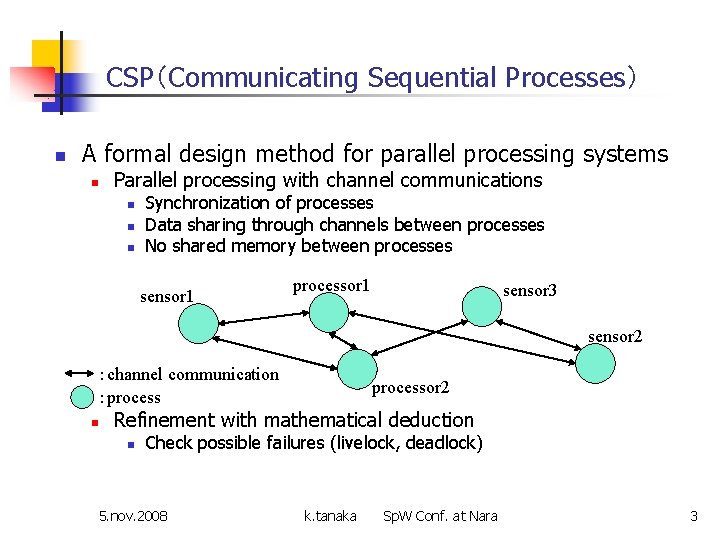 CSP（Communicating Sequential Processes） n A formal design method for parallel processing systems n Parallel