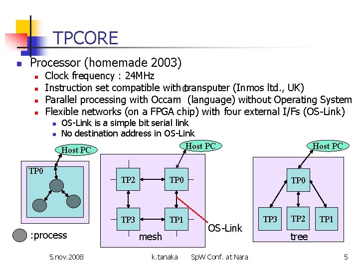 TPCORE n Processor (homemade 2003) n n Clock frequency : 24 MHz Instruction set