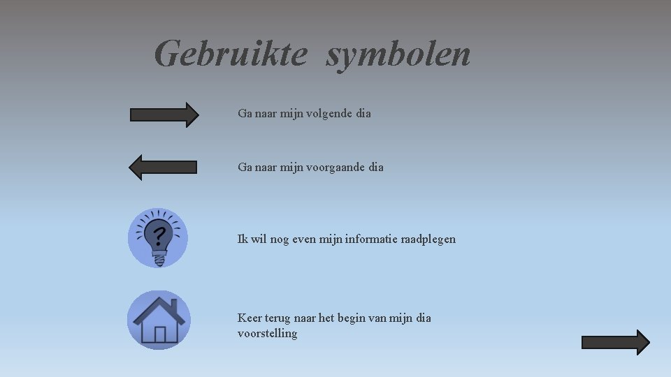 Gebruikte symbolen Ga naar mijn volgende dia Ga naar mijn voorgaande dia Ik wil