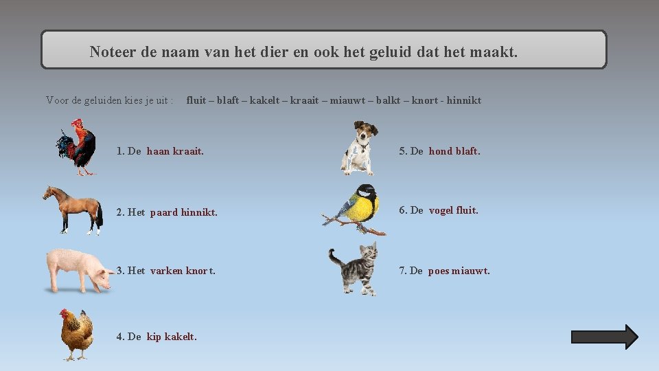 Noteer de naam van het dier en ook het geluid dat het maakt. Voor