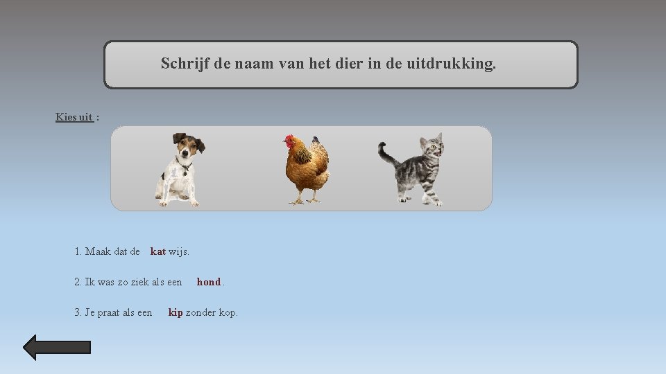 Schrijf de naam van het dier in de uitdrukking. Kies uit : 1. Maak