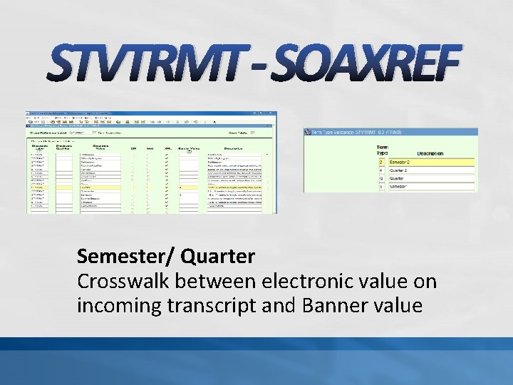 STVTRMT - SOAXREF Semester/ Quarter Crosswalk between electronic value on incoming transcript and Banner