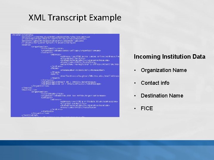 XML Transcript Example Incoming Institution Data • Organization Name • Contact info • Destination