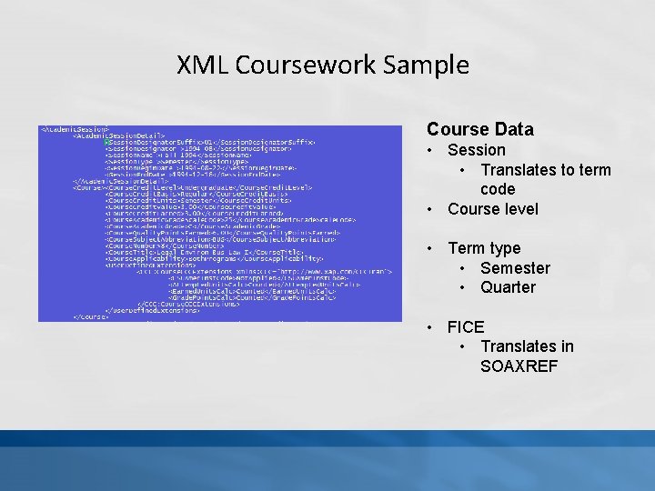 XML Coursework Sample Course Data • Session • Translates to term code • Course