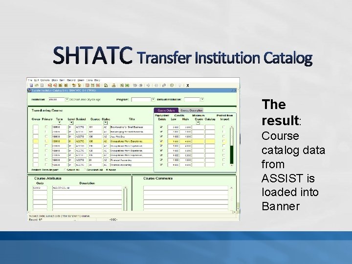 SHTATC Transfer Institution Catalog The result: Course catalog data from ASSIST is loaded into