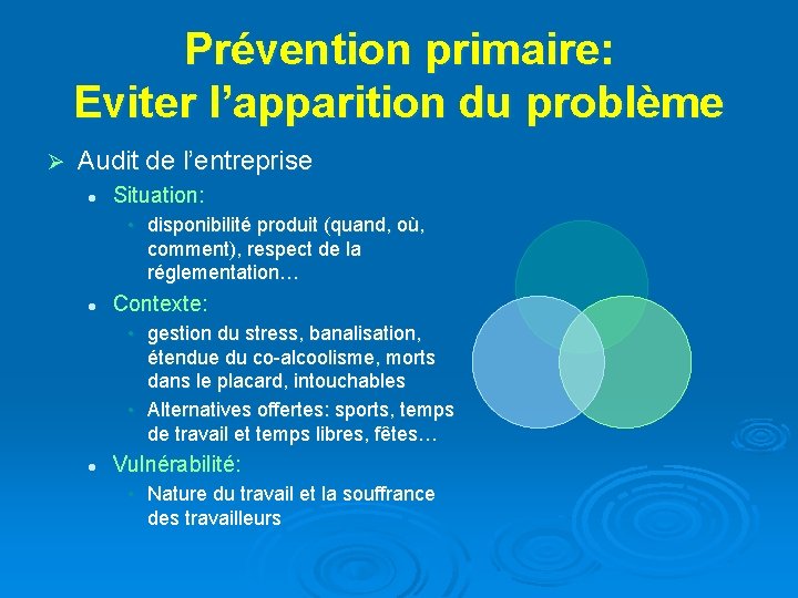 Prévention primaire: Eviter l’apparition du problème Ø Audit de l’entreprise l Situation: • disponibilité