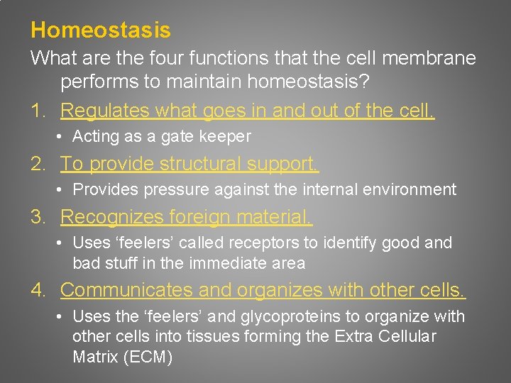 Homeostasis What are the four functions that the cell membrane performs to maintain homeostasis?